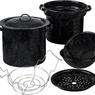 3 in1 Stock Pot - Enameled Steel Multi-use Pot Set (8 Quarts), Ideal for Pasta, Tamales & Canning, Speckled Black