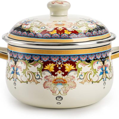 Kitchen Enamel Stockpot with Lid, 3.5 Quart Retro Flower Stew Bean Cooking Pot, Vintage Thicken Soup Pot with Handles, Nonstick, Safe for Induction Cookers, Gas Stove
